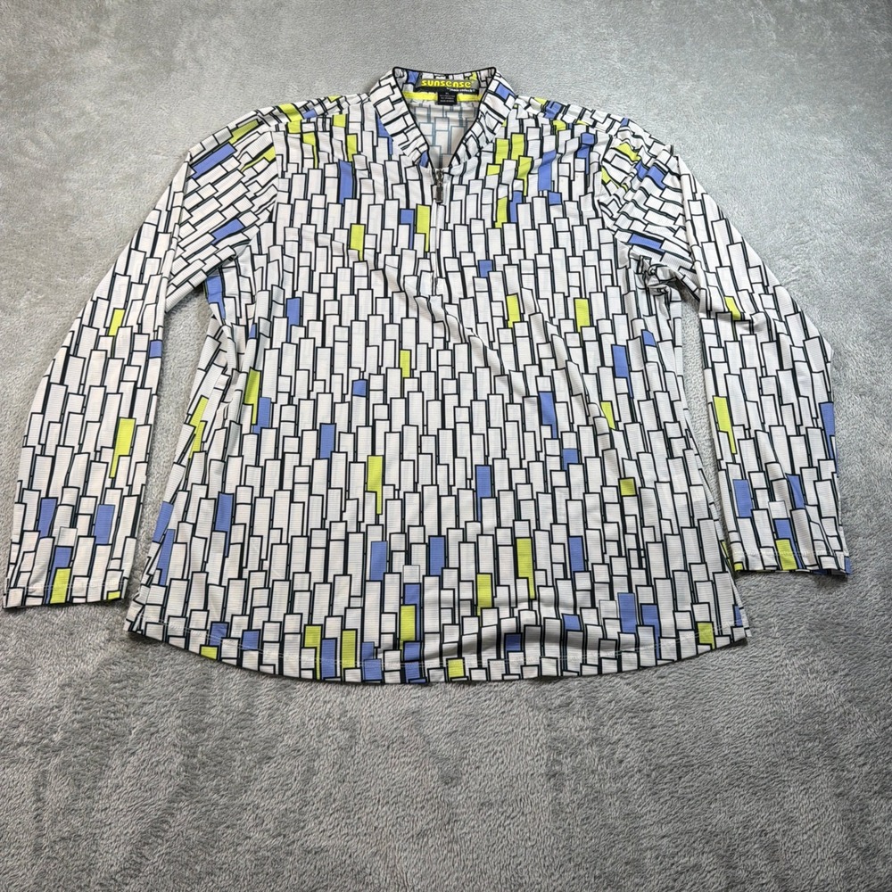 Jamie Sadock Sunsense Top Women XL White Geometric 1/4 Zip Long Sleeve Tennis